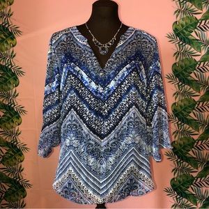Sara Michelle Blue Paisley Print Pattern Sheer Blouse